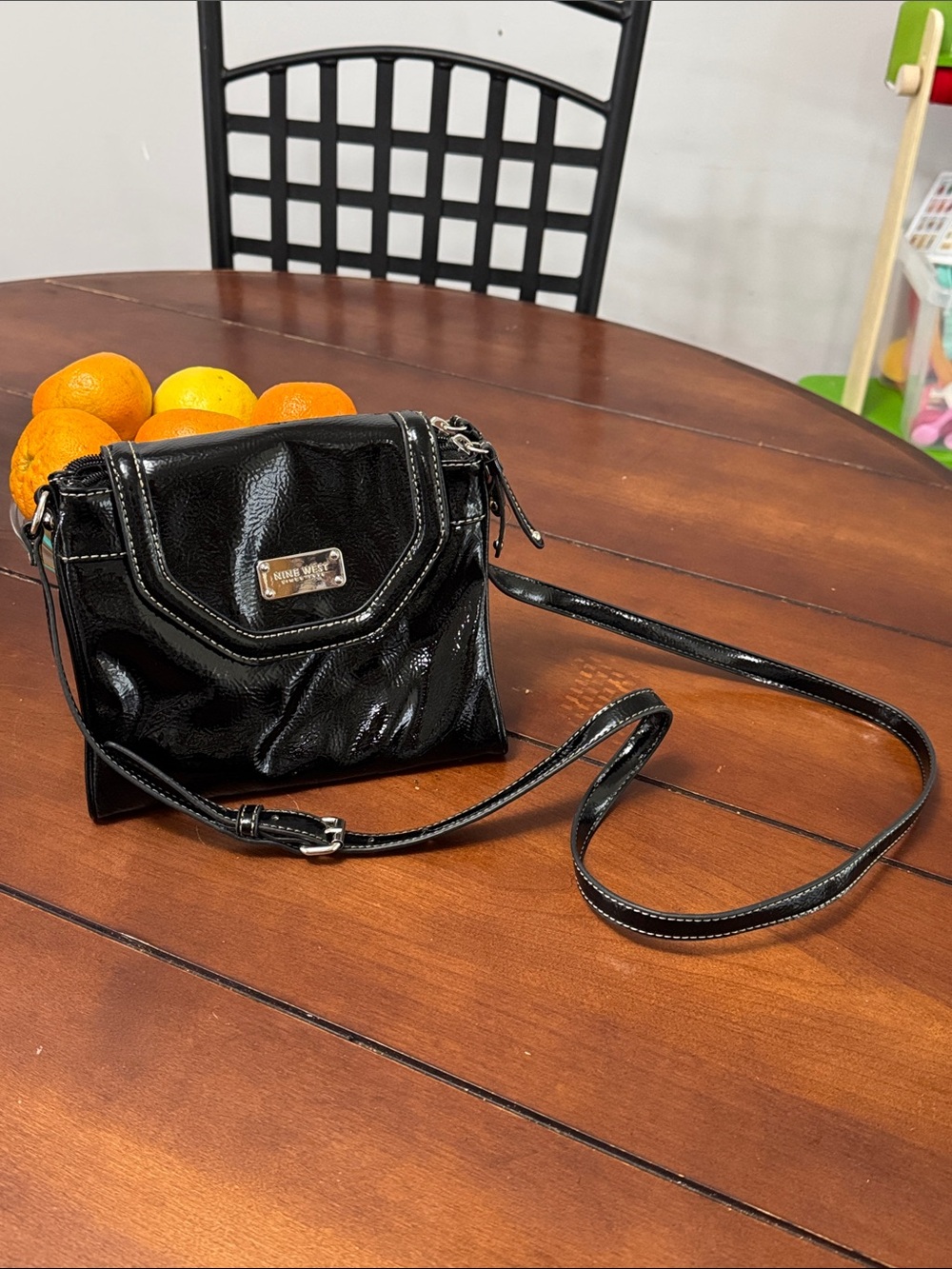 Nine West Black Patent Crossbody Purse with Silver Hardware